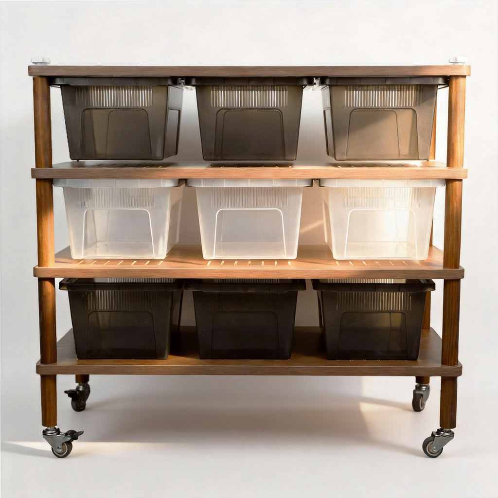 MonsterBox Wooden Reptile Rack Base Unit - 3 Tier Starter with 9 Tub Capacity + Locking Casters