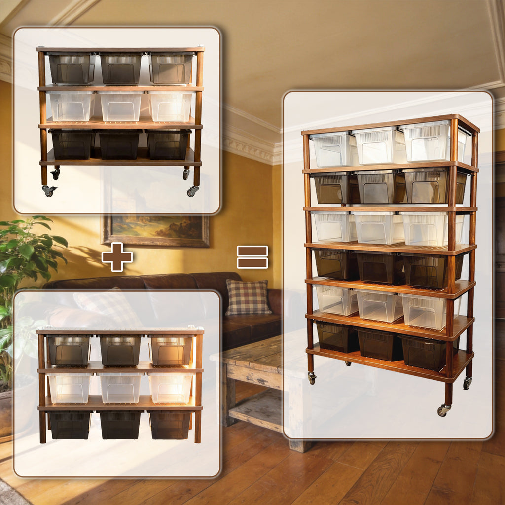 MonsterBox Wooden Reptile Rack Base Unit - 3 Tier Starter with 9 Tub Capacity + Locking Casters