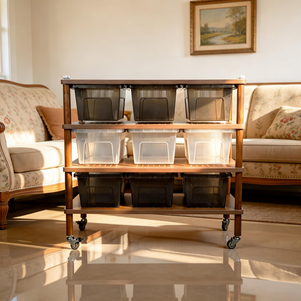 MonsterBox Wooden Reptile Rack Base Unit - 3 Tier Starter with 9 Tub Capacity + Locking Casters