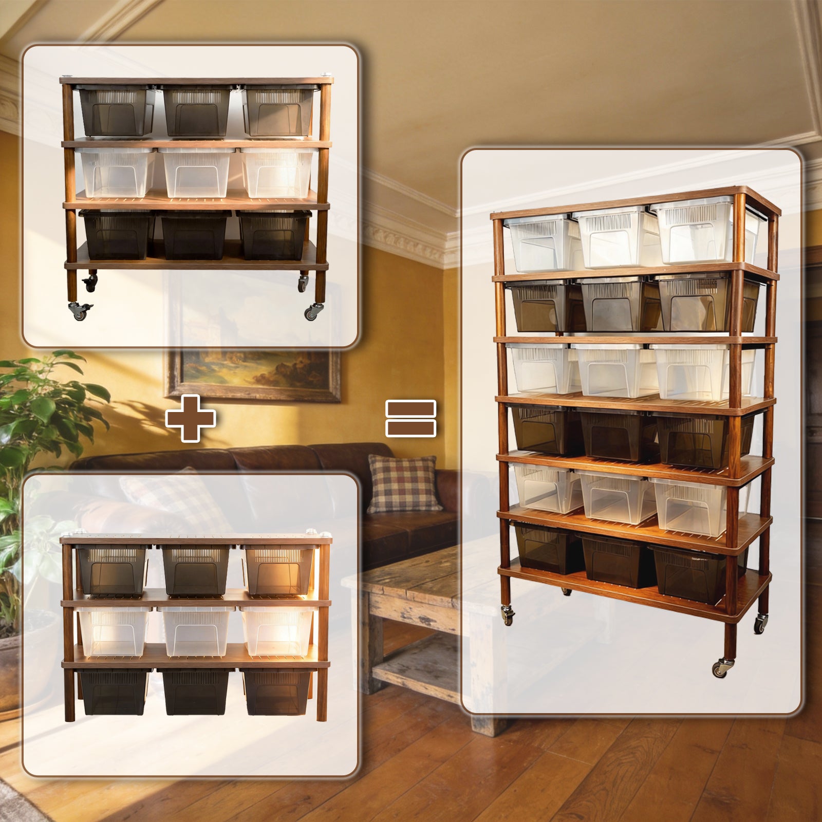 MonsterBox Wooden Reptile Rack Add-On Tier Set - 3 Levels Expansion, 9 Tub Capacity, Stackable