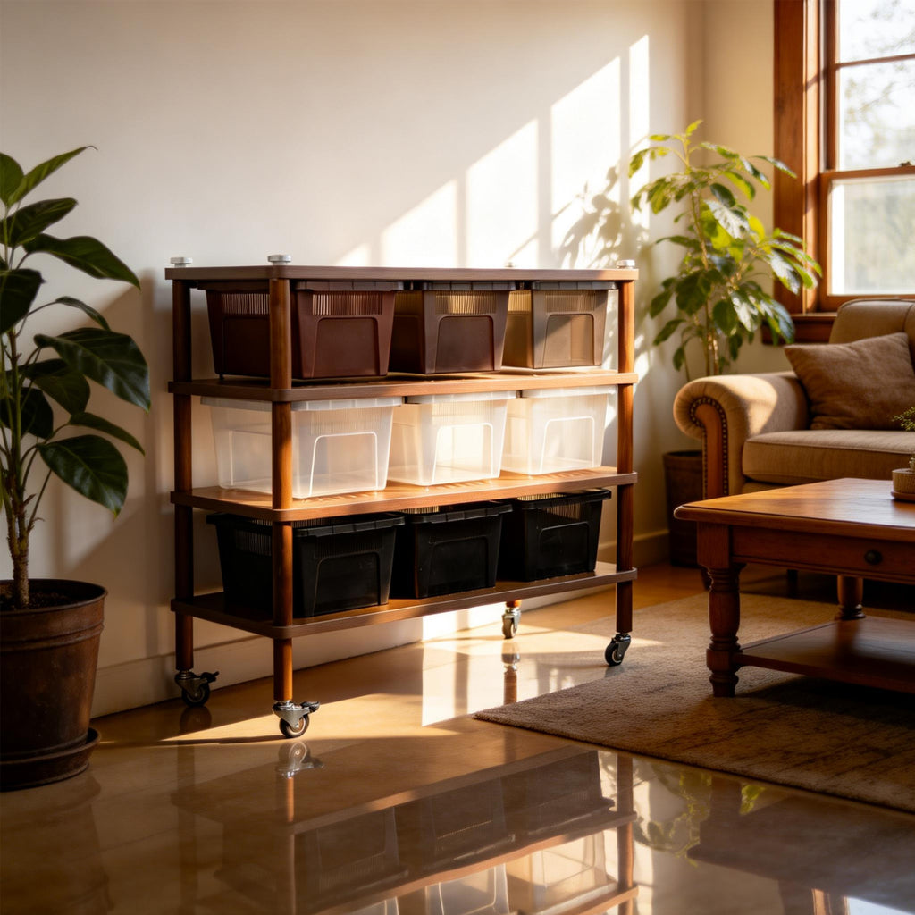 MonsterBox Wooden Reptile Rack Base Unit - 3 Tier Starter with 9 Tub Capacity + Locking Casters