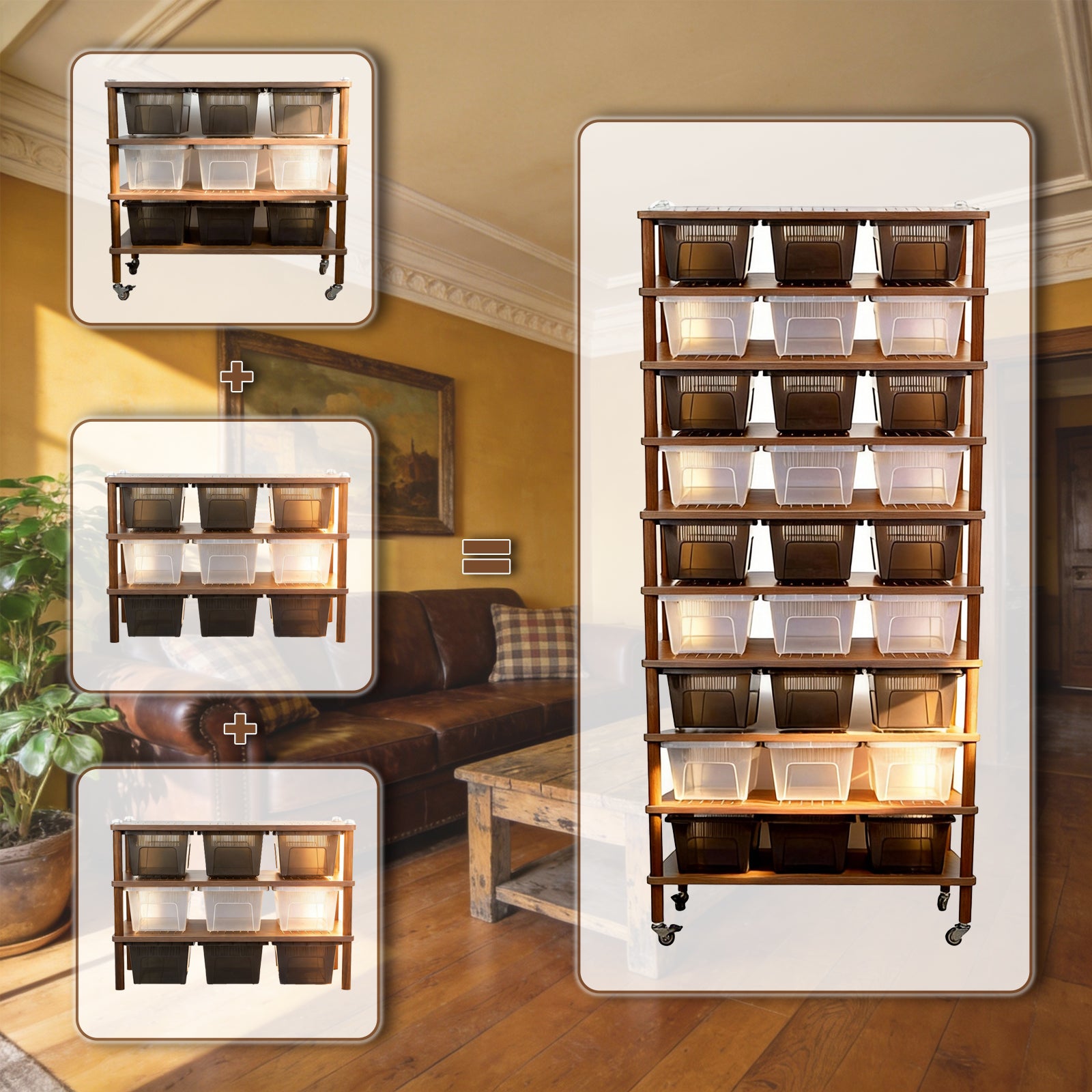 MonsterBox Wooden Reptile Rack Base Unit - 3 Tier Starter with 9 Tub Capacity + Locking Casters